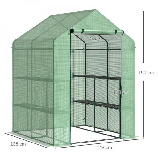 Invernadero de Jardín Tipo Caseta Invernadero de Exterior con 2 Niveles 4 Estantes Puerta Enrollable Marco de Acero y Cubierta de PE 140g/㎡ para Cultivos Plantas Macetas 143x138x190 cm Verde [1]