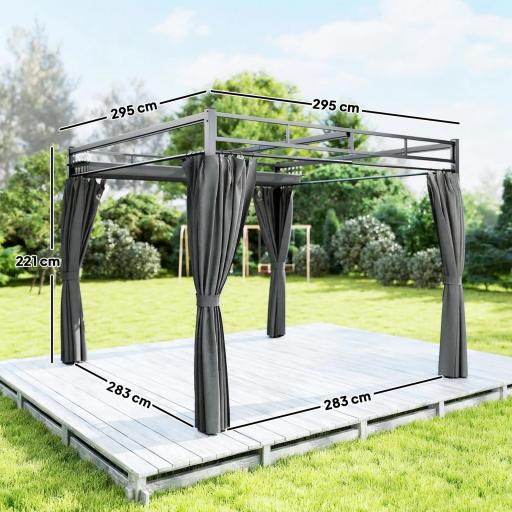 Pérgola de Jardín 3x3 m con Techo Retráctil y Cortinas Protección UV30+ Estructura Metálica para Patio Terraza Gris [1]