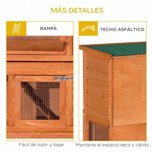 Conejera de Madera Exterior de 2 Niveles Jaula para Conejos con Techo de Asfalto Abrible Rampa Puertas y 2 Bandejas Extraíbles 120x48x100 cm Madera Natural [2]