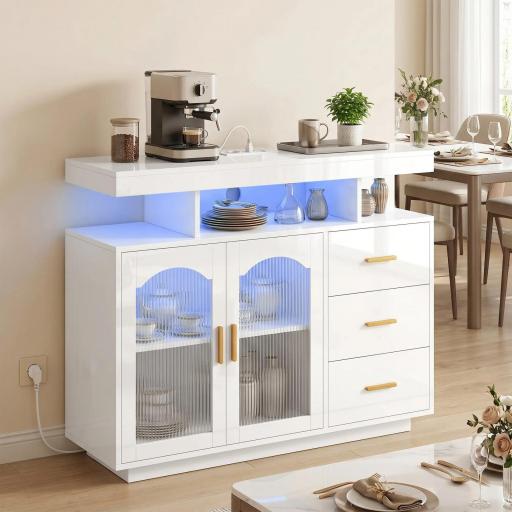 Aparador con LED RGB de 7 Colores Tomas Puertos USB 3 Cajones Estantes Abiertos 2 Puertas 100x35x80 cm Blanco Brillante [6]