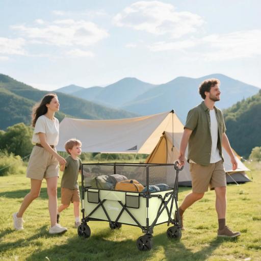 Carro Plegable 180 L con Longitud y Ángulo del Mango Ajustables y Paredes Laterales Extensibles Carga 120 kg Caqui