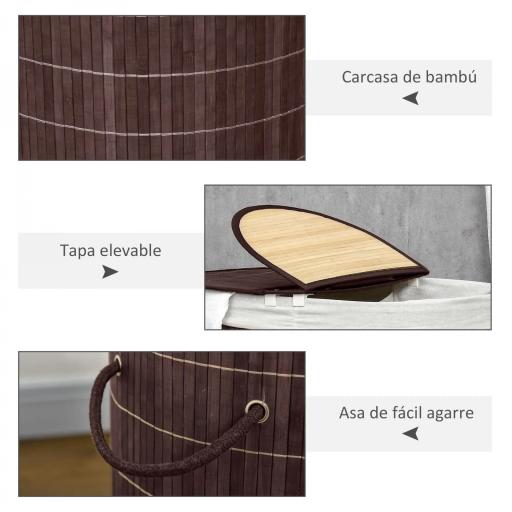Cesto para Ropa Sucia de Bambú Capacidad de 100L Cesta para la Colada con 2 Compartimentos 62,5x37x60,5cm Marrón [5]
