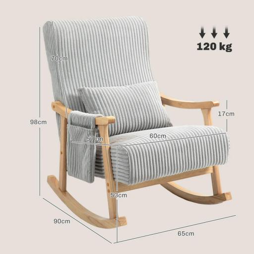 Silla Mecedora de Pana con Patas y Reposabrazos de Madera de Caucho Cojín Lumbar y Bolsillo Carga 120 kg Gris [1]