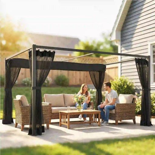 Pérgola de Jardín 3x4 m con Techo Retráctil 4 Laterales de Malla UPF30+ Cenador de Jardín para Patio Exterior Gris [0]