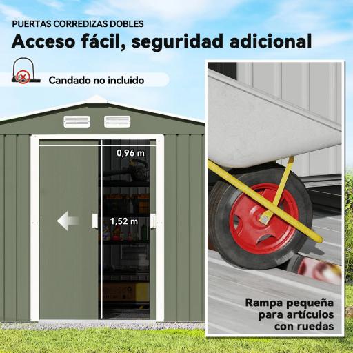 Cobertizo de Jardín 4,9 m² 277x195x192 cm con 2 Puertas Corredizas Base Refuerzo (Suelo NO Incluido) Verde Claro [4]