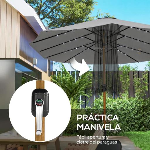 Sombrilla Doble de Jardín 4,6x2,6 m con 48 Luces LED Base Incluida Manivela Sacos de Arena Anti-UV Gris Claro [6]