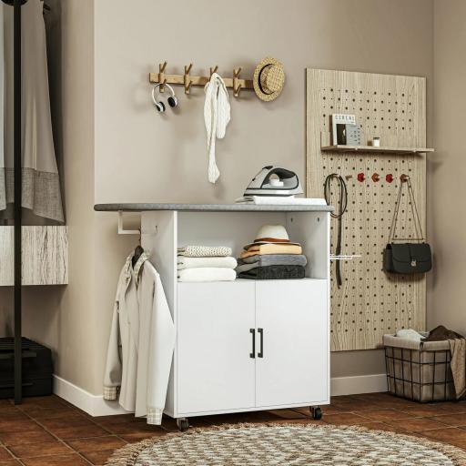 Mueble de Planchar con Ruedas Barra para Colgar Ropa Estante Abierto y Tabla de Planchar 125x43,5x102,5 cm Blanco [9]
