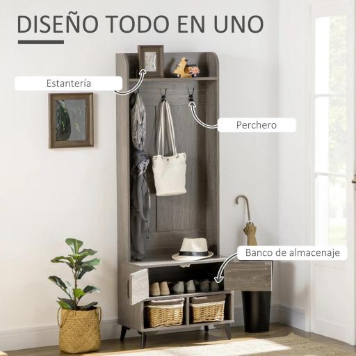 Perchero con Zapatero Perchero Entrada Recibidor con 3 Ganchos 2 Puertas 2 Compartimientos y Estante 60x34x170 cm Gris [2]