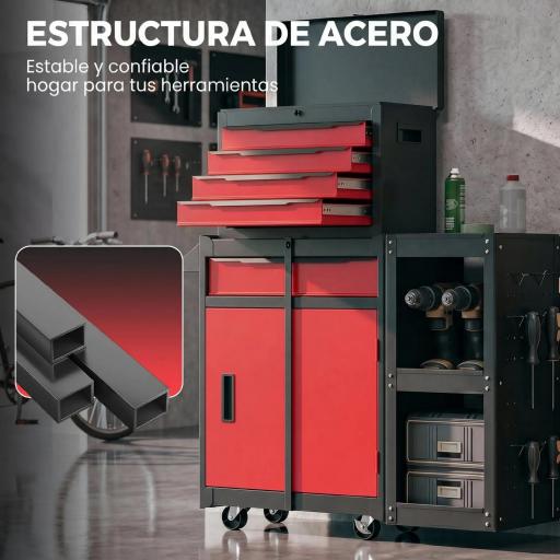 Carro de Herramientas con Ruedas 3 en 1 con 5 Cajones y Armario Inferior Paneles Perforados y Cerradura Negro y Rojo [6]