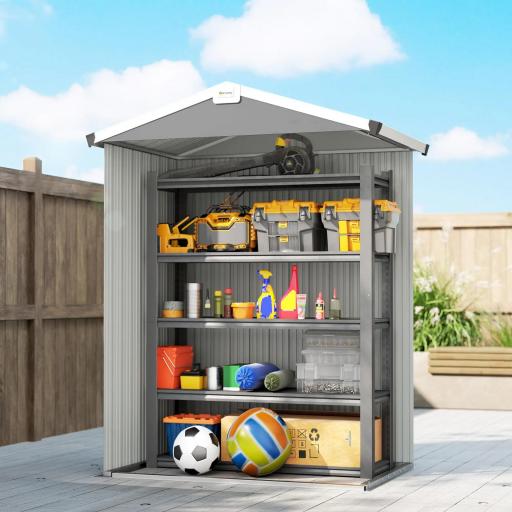 Cobertizo de Jardín Exterior 1,1 m² 133x87x178 cm con 2 Puertas Correderas Techo Inclinado y Guantes Gris Plateado [3]