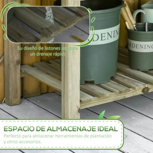 Huerto Urbano de Madera con Estante Mesa de Cultivo Rectangular con Orificios de Drenaje para Cultivos Plantas Jardín Terraza Exterior Carga 80 kg 91x51x76 cm Natural [4]
