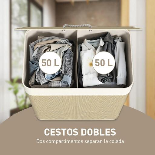 Cesto de Ropa Sucia de Bambú con 2 Compartimentos Asas para Facilitar el Uso y Bolsas Desmontables Lavables 52x32x63 cm [6]