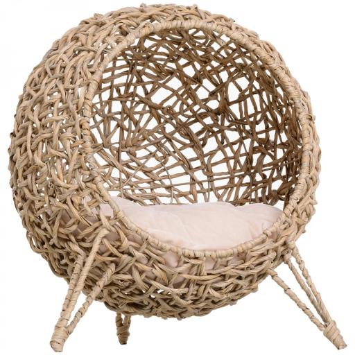 Cama Cueva de Ratán para Gatos o Mascotas Pequeña con Base Trípode Cojín de Felpa y Algodón Suave Diseño Elevado Estable Φ52x58 cm Madera Natural [8]