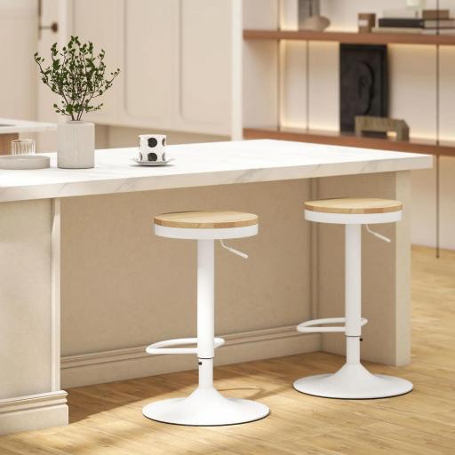 Juego de 2 Taburetes Altos de Cocina con Altura Ajustable Asiento de Madera Marco de Acero y Reposapiés Natural y Blanco [4]