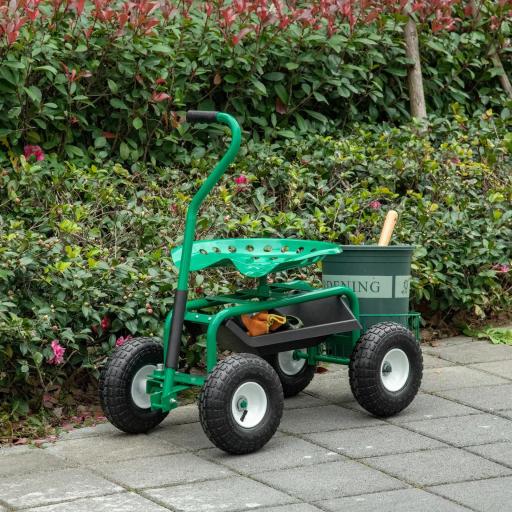 Asiento de Jardín con Ruedas Asiento Giratorio y Ajustable en Altura Bandeja de Herramientas Cesta para Exterior Verde [7]