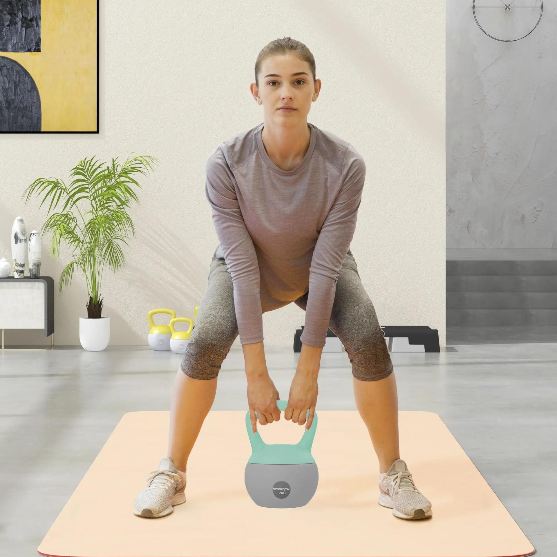 Pesa Rusa 12 kg Kettlebell Relleno de Arena Metálica Mango Antideslizante para Entreno en Casa 21x21x30 cm Verde y Gris