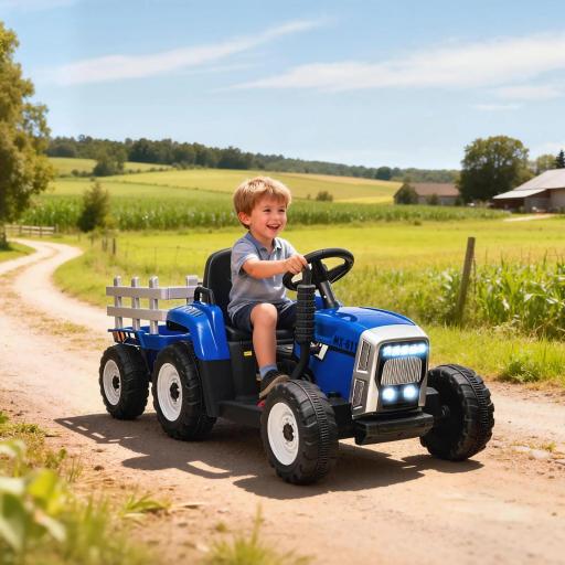 Tractor Eléctrico con Remolque para Niños 3-6 Años con Control Remoto y Cinturón de Seguridad 136,5x50x52,5 cm Azul