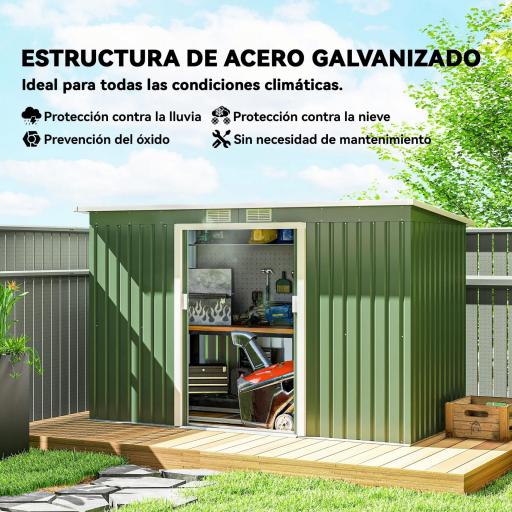 Caseta de Exterior 280x130x172 cm Cobertizo de Jardín con Puertas Correderas Base y Ventilaciones Verde Claro [2]