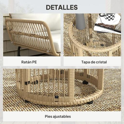 Conjunto de Muebles de Jardín Exterior de Ratán con Sofá de 2 Plazas Chaise Longue Cojines y Mesa Auxiliar Crema [7]