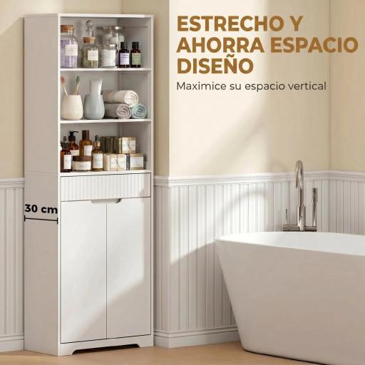 Armario Alto de Baño Columna de Baño Estrecha con 3 Estantes Abiertos Cajón Acanalado Estante Ajustable Blanco [5]