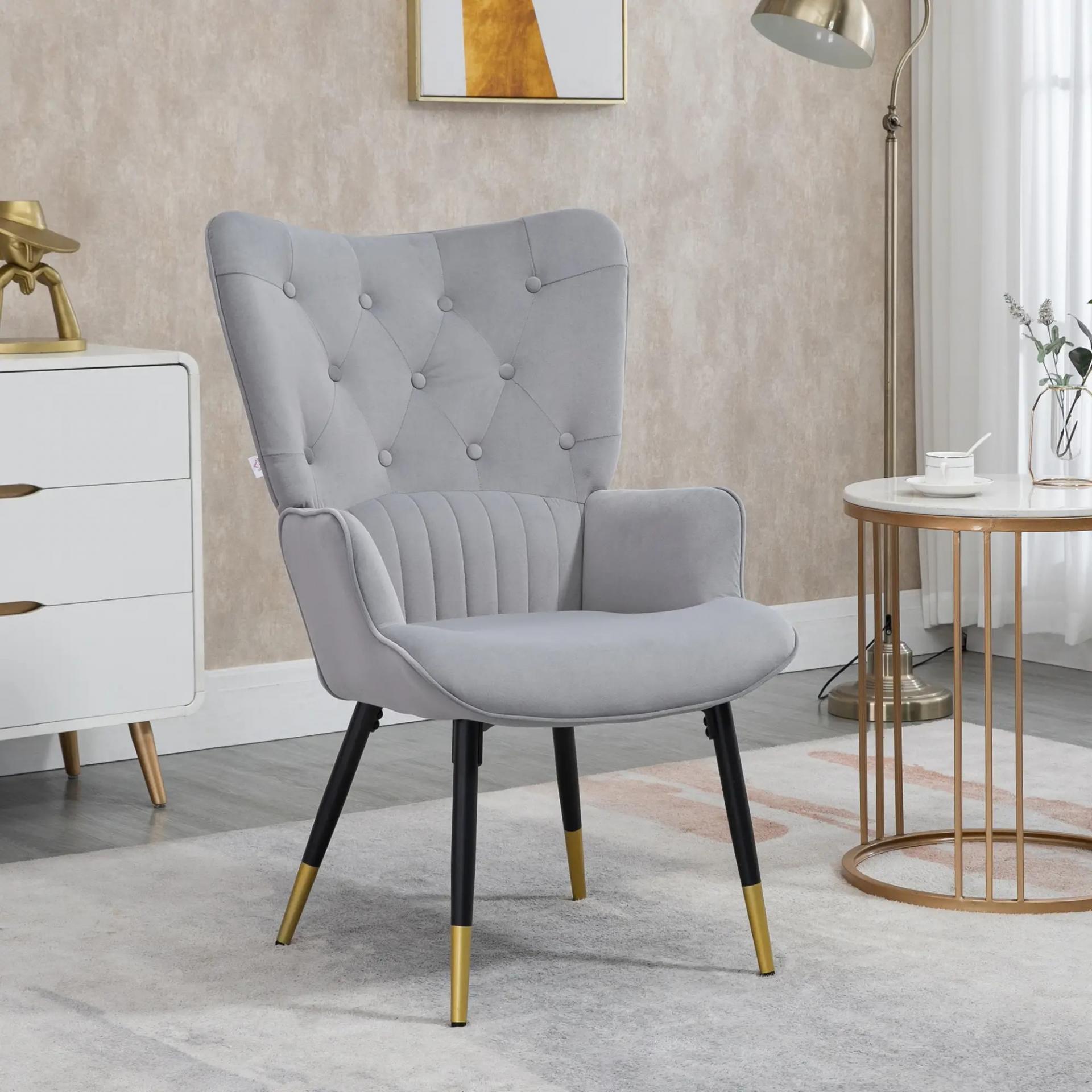 Butaca de Salón Sillón Individual Tapizado en Terciopelo con Respaldo Alto Estilo Moderno 68x72x103 cm Gris Claro