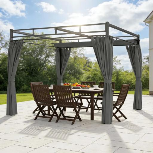 Pérgola de Jardín 3x3 m con Techo Retráctil y Cortinas Protección UV30+ Estructura Metálica para Patio Terraza Gris [3]