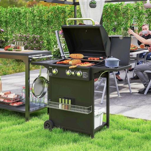 Barbacoa de Gas con 3 Quemadores Parrilla para 5-9 Personas Quemador Lateral Termómetro y Ruedas 123x58x98 cm Negro