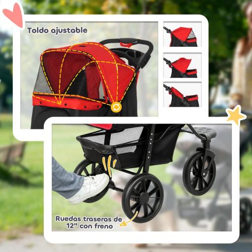 Carrito para Perros con 3 Ruedas Ventanas de Malla Cesta de Almacenaje y Correas de Seguridad 109,5x57,5x106,5 cm Rojo [4]
