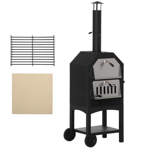 Horno de Pizza de Leña con 2 Capas Horno Exterior con Ruedas Cajón Estante de Almacenamiento 64x54x160 cm Negro [9]