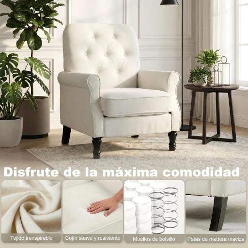 Sofá Individual Tapizado en Lino Asiento Acolchado Grueso Respaldo Capitoné Patas de Madera Maciza Crema [6]