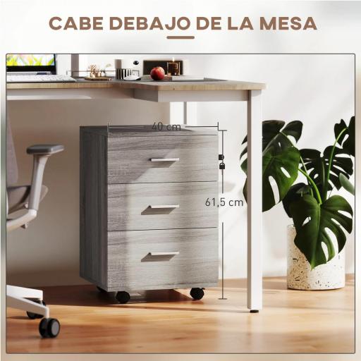 Cajonera de Escritorio con 3 Cajones Ruedas Cerradura 2 Llaves Archivador Móvil para Estudio Salón 40x40x61,5 cm Gris [6]