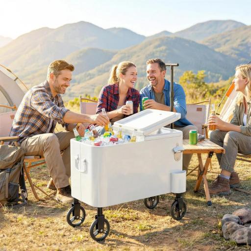 Carrito Nevera de 56L con Ruedas Mango Ajustable Abrebotellas Recogetapas Drenaje y Asa 75x35x120 cm Blanco [0]
