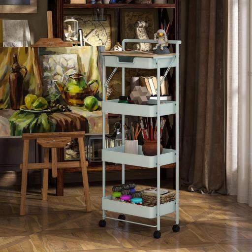 Carrito Auxiliar con Ruedas de 4 Niveles con Cajón Encimera y Cestas de Rejilla para Dormitorio Baño Cocina Verde Claro [3]