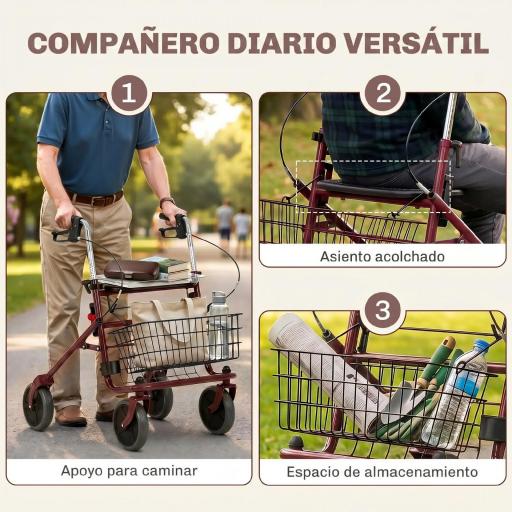 Andador para Ancianos Plegable con Asiento 4 Ruedas Altura Ajustable Frenos de Maneta Cesta Bandeja Porta Bastón Rojo [6]