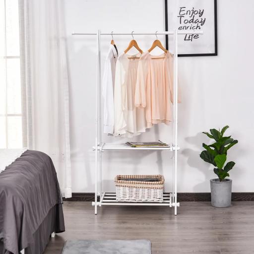 Perchero de Pie Plegable con 2 Estantes y Barra para Colgar Ropa Perchero para Dormitorio Entrada 107,5x45x150 cm Blanco
