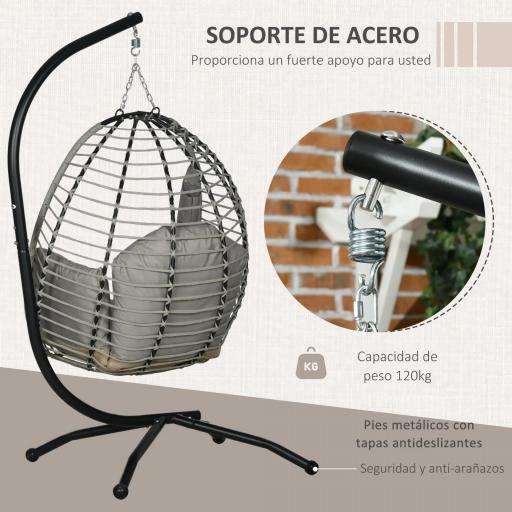Silla Colgante con Soporte Cesta Plegable Cojín y Reposacabezas para Interior y Exterior Carga 120 kg Gris y Negro [2]