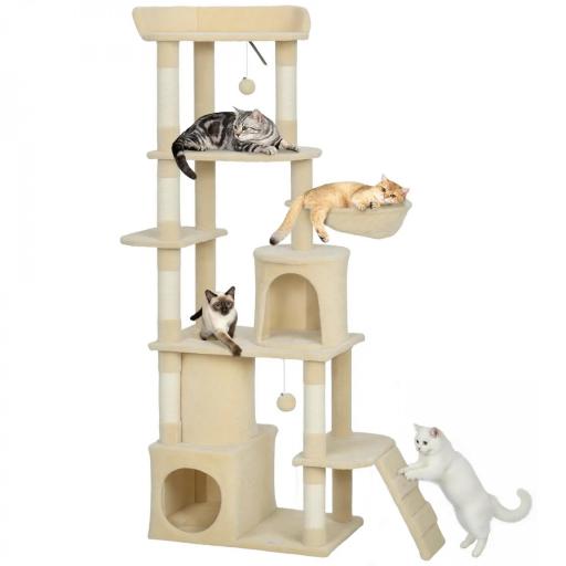 Árbol Rascador para Gatos Grande Altura 170 cm con 7 Postes 1 Túnel 3 Plataformas 2 Cuevas 1 Hamaca Beige [10]
