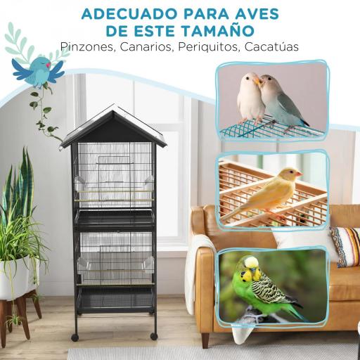 Jaula para Pájaros Grande de 2 Pisos Convertible en Sola Jaula con Ruedas Comederos 4 Perchas 78x75x168 cm Negro [3]