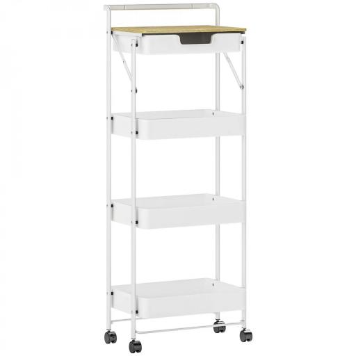 Carrito Auxiliar con Ruedas de 4 Niveles con Cajón Encimera y Cestas de Rejilla para Dormitorio Baño Cocina Blanco [9]