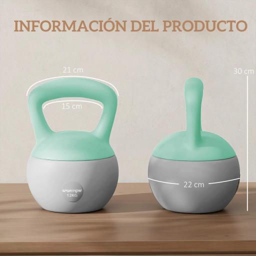 Pesa Rusa 12 kg Kettlebell Relleno de Arena Metálica Mango Antideslizante para Entreno en Casa 21x21x30 cm Verde y Gris [4]