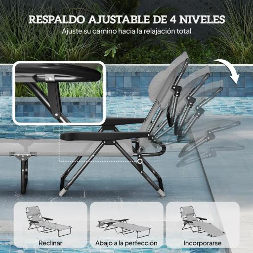 Tumbona Plegable Respaldo Ajustable Orificio de Lectura Reposacabezas y Brazos Carga 120 kg 145x72x89 cm Gris Oscuro [6]