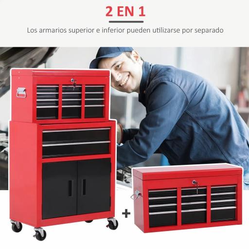 Carro de Herramientas con Baúl Superior 6 Cajones Armario Cerradura 4 Ganchos para Garaje Hogar Rojo [6]