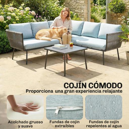Conjunto de Muebles de Ratán de Exterior Sofá de Esquina con Cojines y Mesa de Centro para Terraza Patio Azul Claro [4]