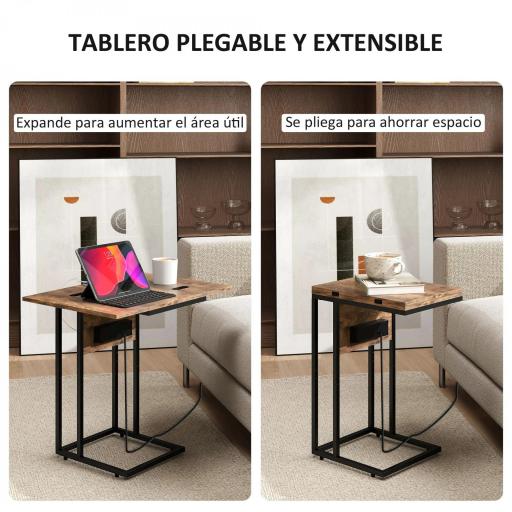 Mesa Auxiliar para Sofá con Encimera Plegable Estación de Carga y Patas Ajustables para Espacios Pequeños Marrón [2]