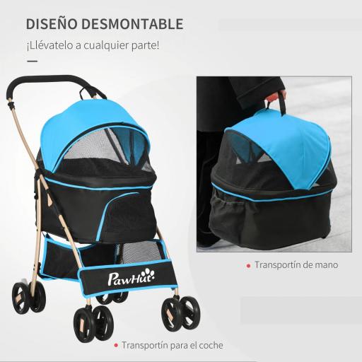 Carrito para Perros Pequeños 3 en 1 con Vagón Desmontable Cesta de Almacenaje Correas de Seguridad y Cojín Azul [5]