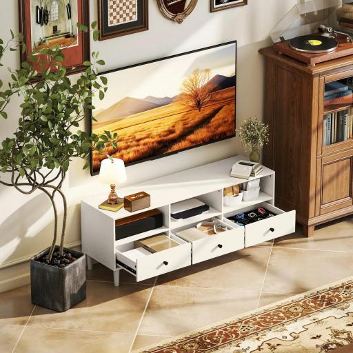 Mueble TV Compacto con 3 Cajones y 3 Compartimentos para TV de hasta 65 Pulgadas 120x34x45 cm Blanco