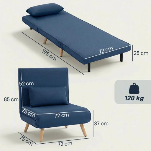 Sofá Cama Individual Plegable con Respaldo Ajustable 5 Posiciones Sillón Cama Tapizado con Cojín 72x75x85 cm Azul [1]