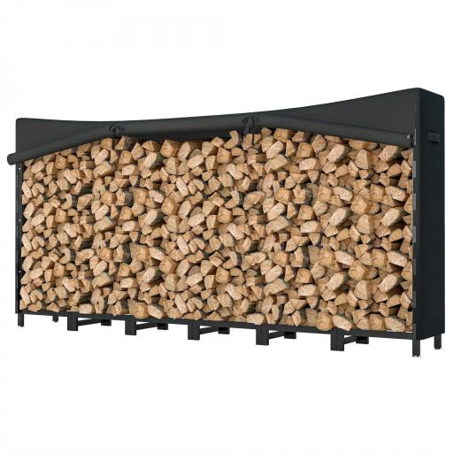 Leñero Exterior Metálico de Chimenea Soporte para Leña con Cubierta Impermeable y Cadenas de Acero 235x31x116 cm Negro [4]