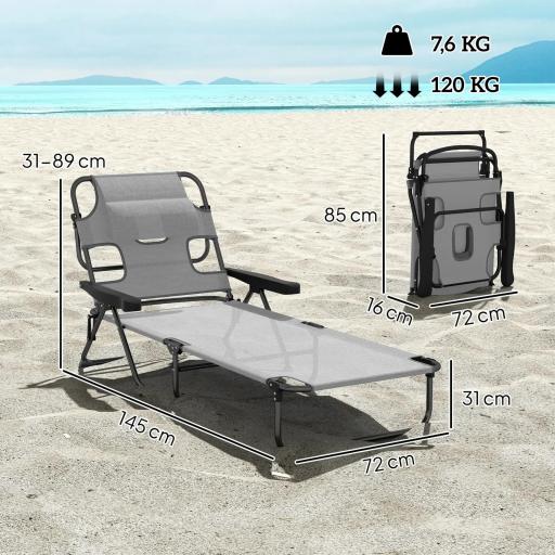 Tumbona Plegable Respaldo Ajustable Orificio de Lectura Reposacabezas y Brazos Carga 120 kg 145x72x89 cm Gris Oscuro [1]