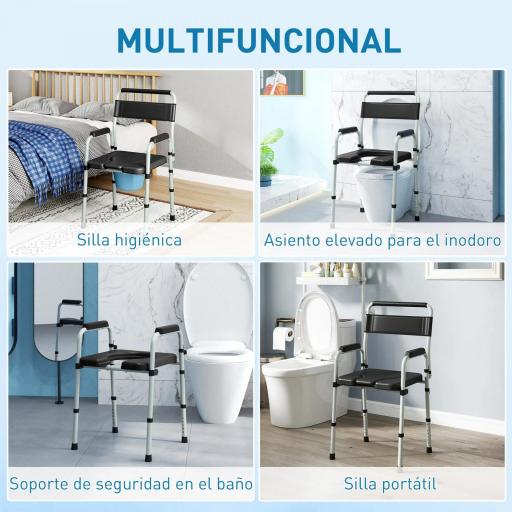 Silla con Inodoro Plegable con Altura Ajustable Cubo y Almohadillas Antideslizantes Carga 150 kg Negro [2]